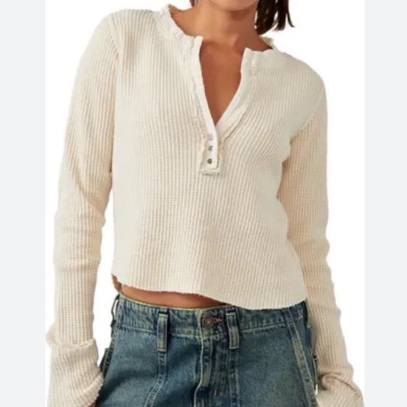 Free People Colt Long-Sleeve Waffle Knit Henley in Ecru, Size Small - Picture 2 of 6